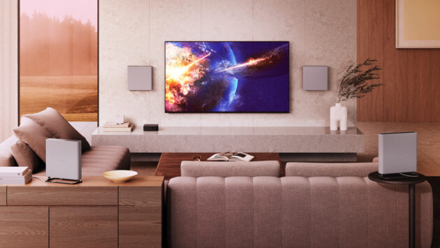 A BRAVIA 8 TV with surround sound in a home’s media room.