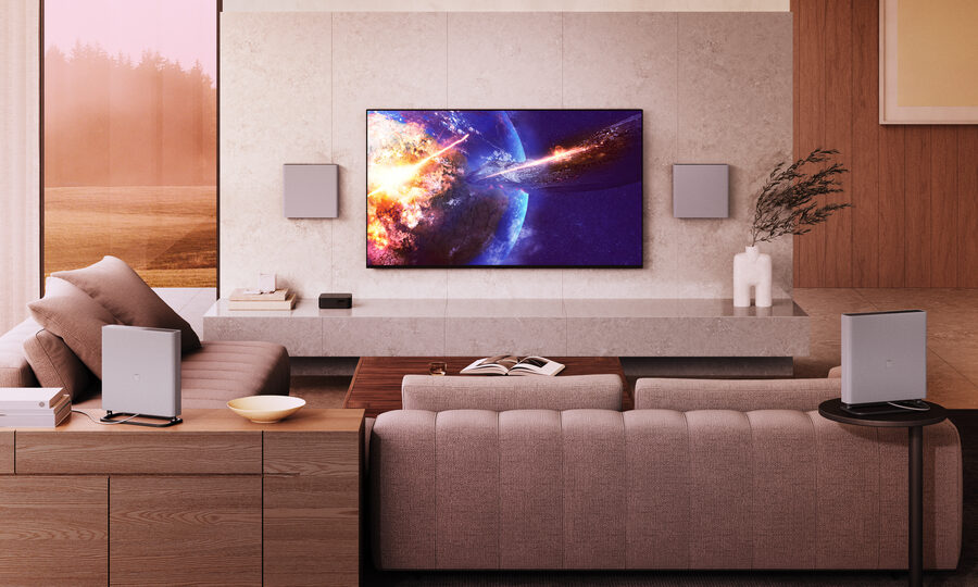 A BRAVIA 8 TV with surround sound in a home’s media room.