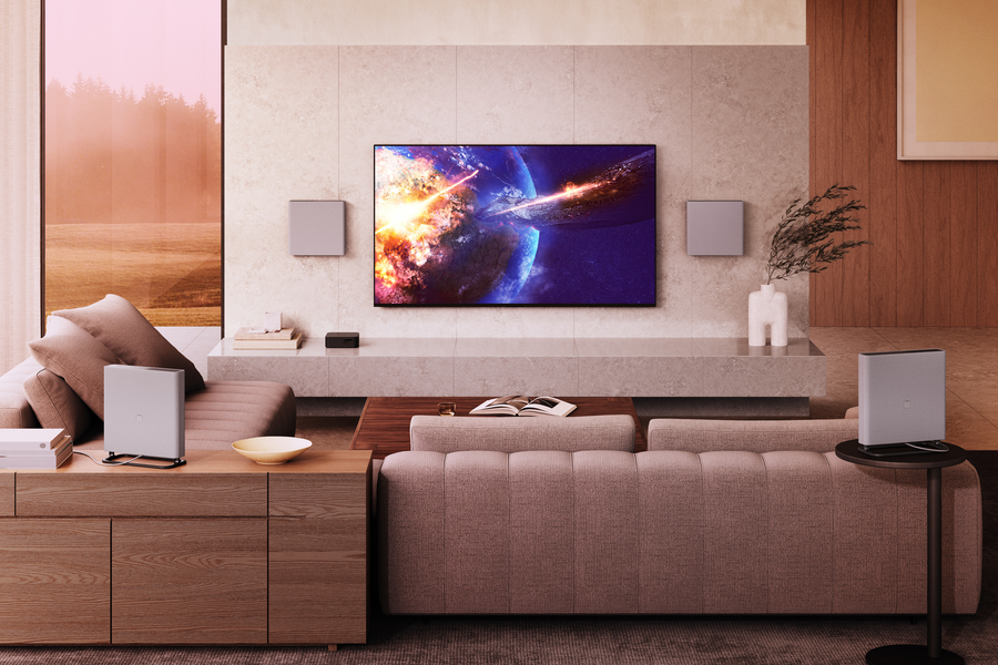 A BRAVIA 8 TV with surround sound in a home’s media room.