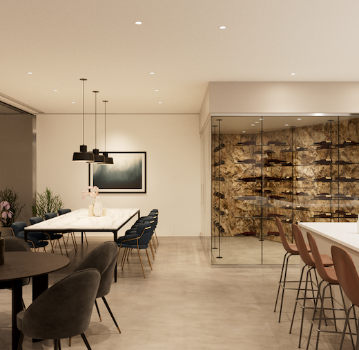 Modern open-concept kitchen and dining area with modular downlights, pendant lighting, and a glass-enclosed wine display.