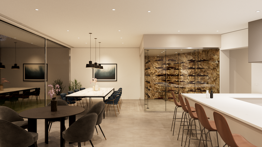 Modern open-concept kitchen and dining area with modular downlights, pendant lighting, and a glass-enclosed wine display.